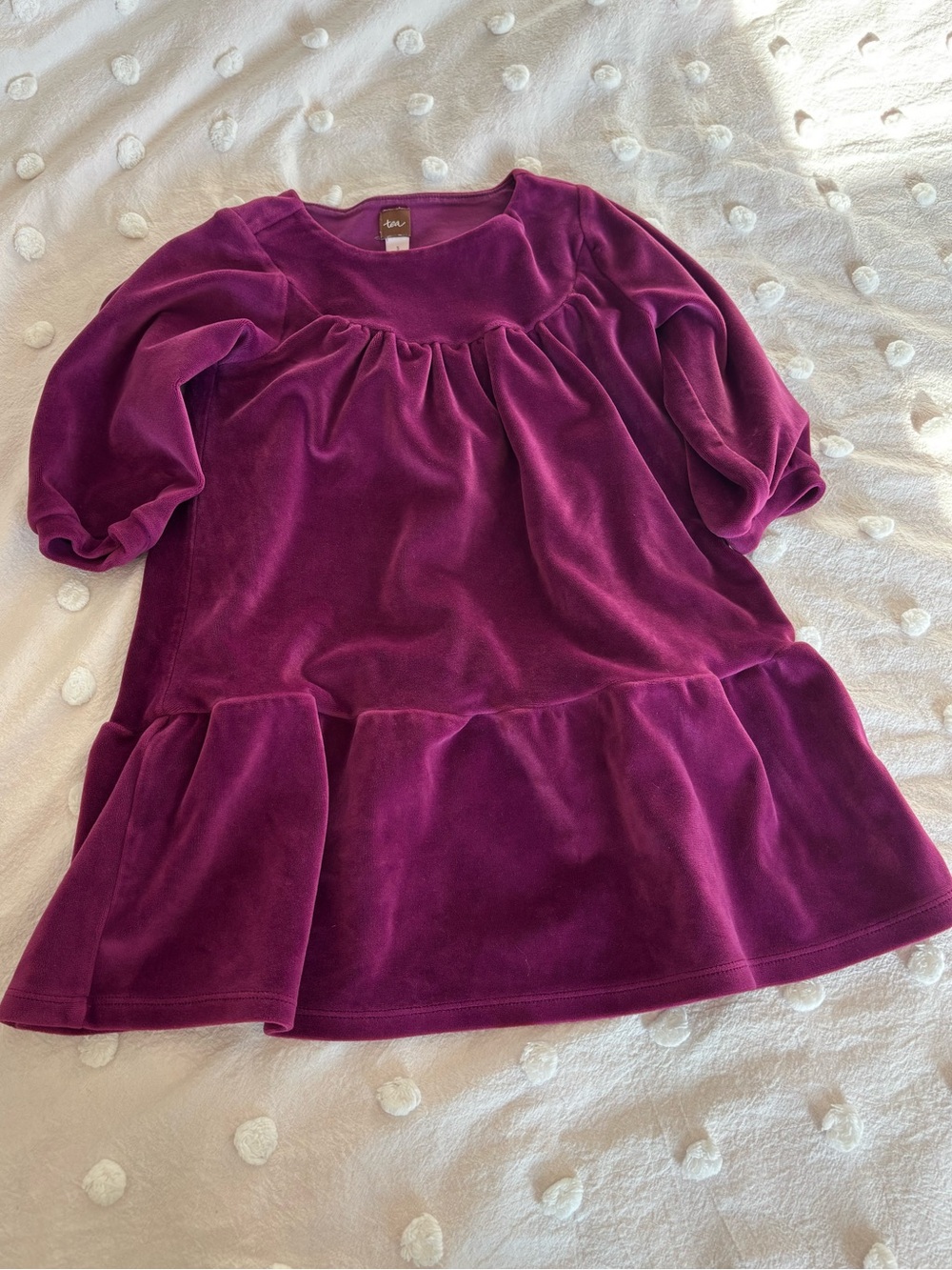 Tea Collection Velour Dress with 3/4 Length Sleeves in Deep Magenta